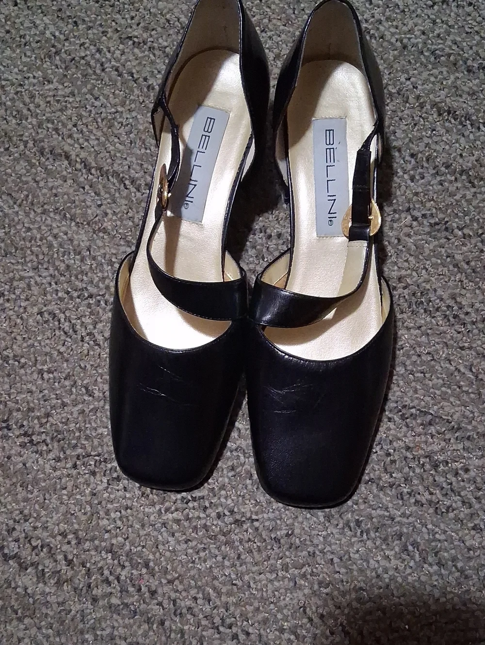 Bellini Black Mary Jane Square-Toe Heels with Gold Buckle